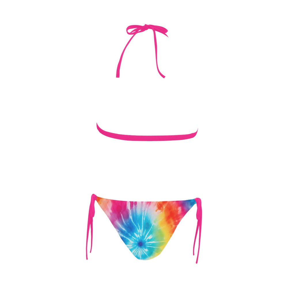Rainbow Tie Dye High Waisted Bikini Set, Pink High Waist Bottom Bathing Suit Sexy Triangle Padded Halter Plus Size Swimsuit