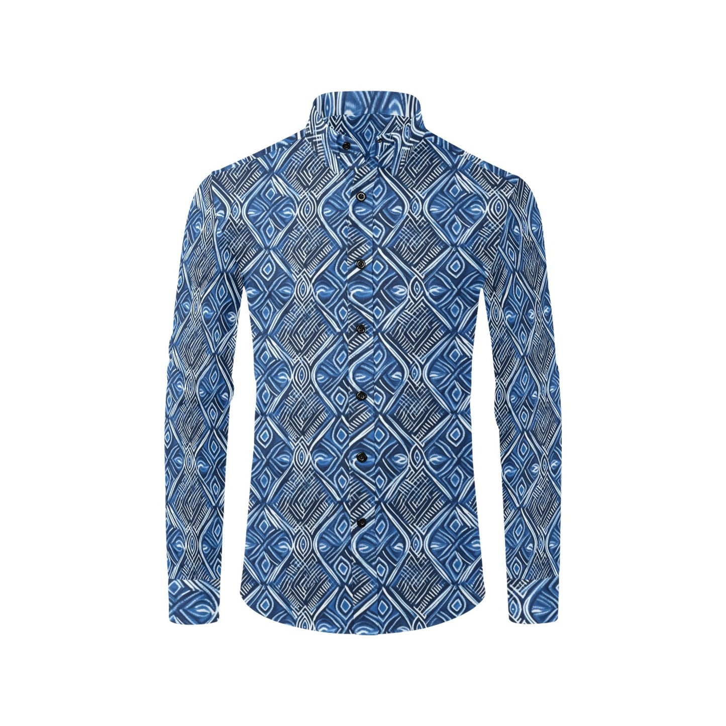 Indigo Blue Adire Long Sleeve Men Button Up Shirt, African Tie Dye Print Buttoned Collared Casual Dress Shirt with Chest Pocket Starcove Fashion