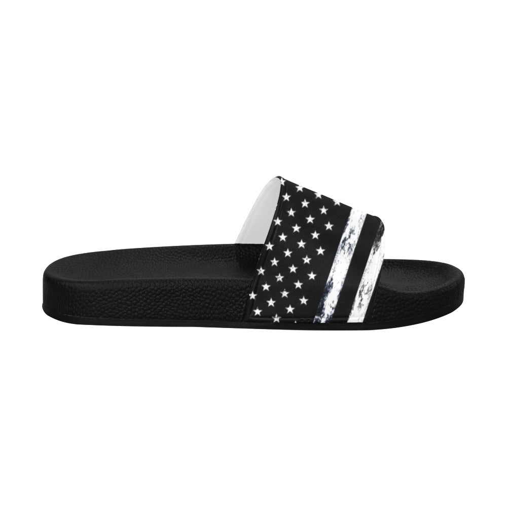 Patriotic Women Slides Sandals, American Flag Shoes Black White Distressed Stars Stripes USA 4th of July Flip Flops Slip On Vegan Slippers