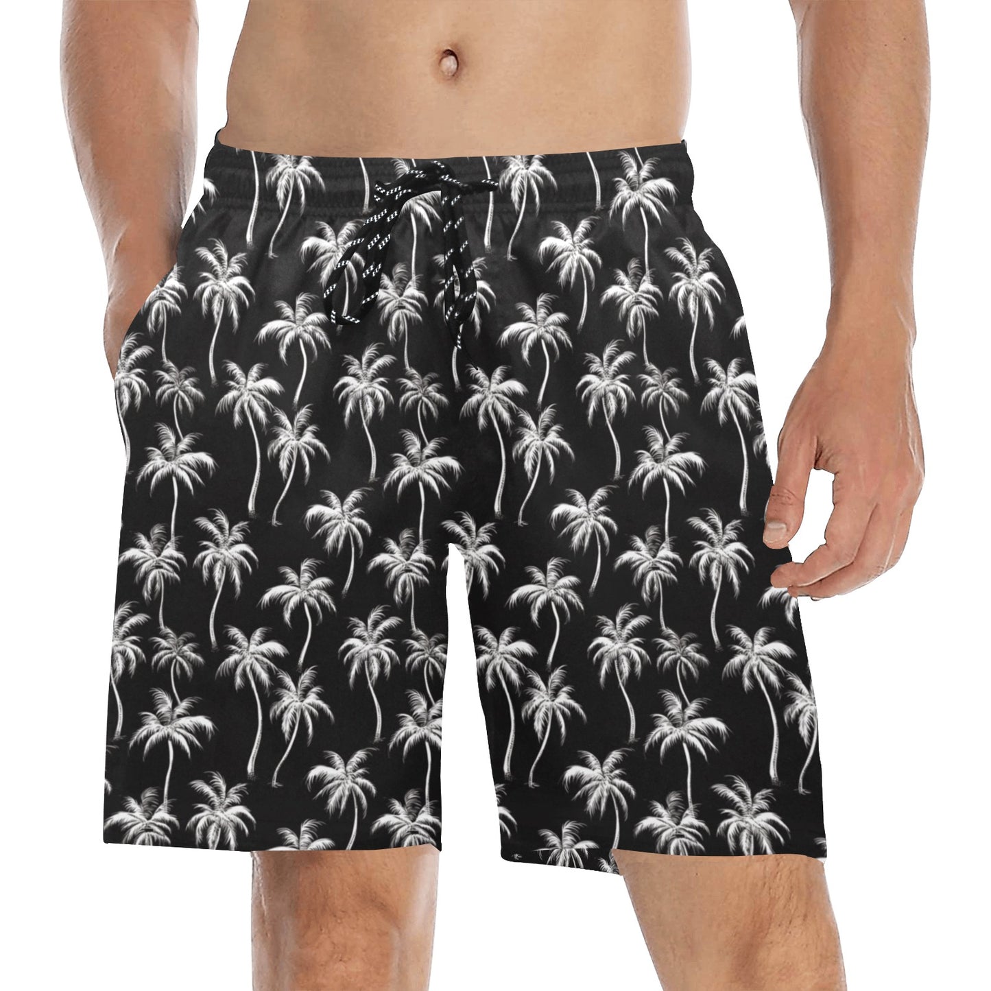 Black Palm Tree Men Mid Length Shorts, White Beach Swim Trunks Front Back Pockets Mesh Drawstring Boys Casual Bathing Suit Summer