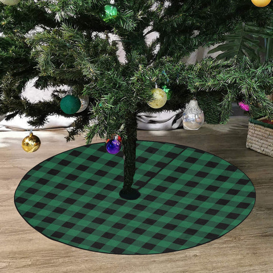 Green Buffalo Plaid Christmas Tree Skirt, Black Check Vintage Tartan Checkered Stand Small Large Base Cover Holiday Decor Decoration Party