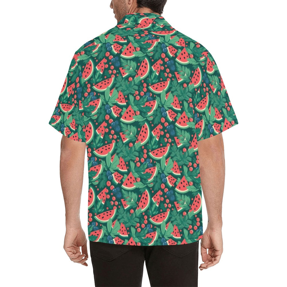 Watermelon Men Hawaiian shirt, Leaves Green Red Vintage Aloha Hawaii Retro Summer Fruit Tropical Beach Plus Size Cool Button Down Shirt Starcove Fashion