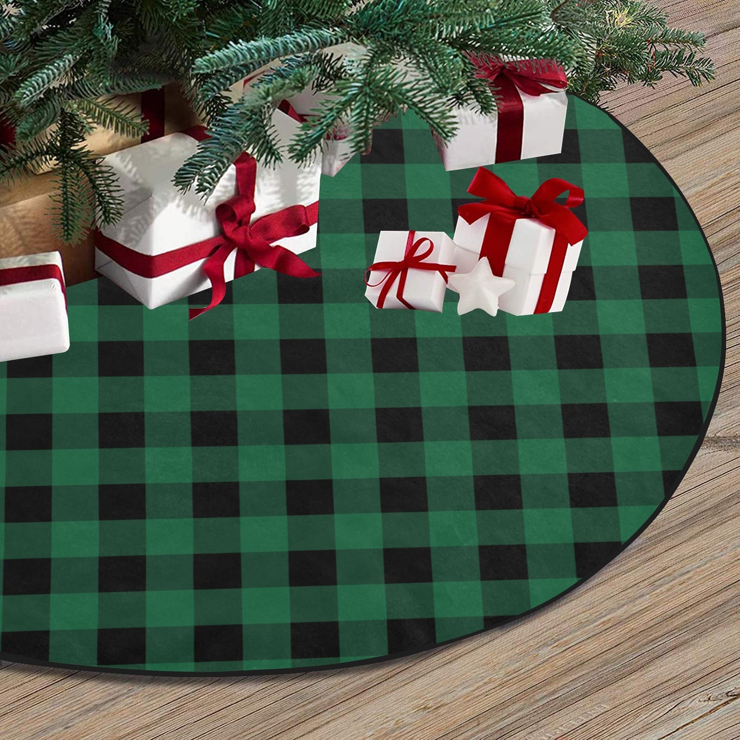 Green Buffalo Plaid Christmas Tree Skirt, Black Check Vintage Tartan Checkered Stand Small Large Base Cover Holiday Decor Decoration Party
