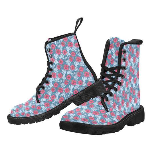 Cute Flowers Women's Boots, Tropical Red Blue Floral Vegan Canvas Lace Up Ladies Shoes Print Black Ankle Combat Casual Custom Gift