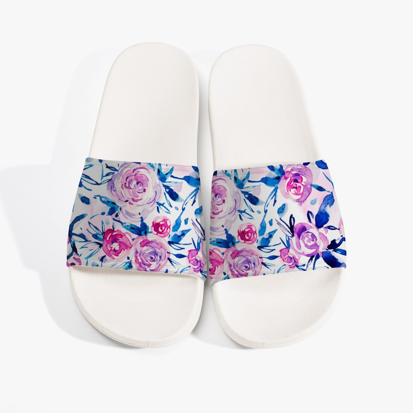 Pink Flowers Women Slide Sandals, Floral Shoe Girls Flat Wedge White Slides Vegan Casual Slippers Flip Flops Slip On