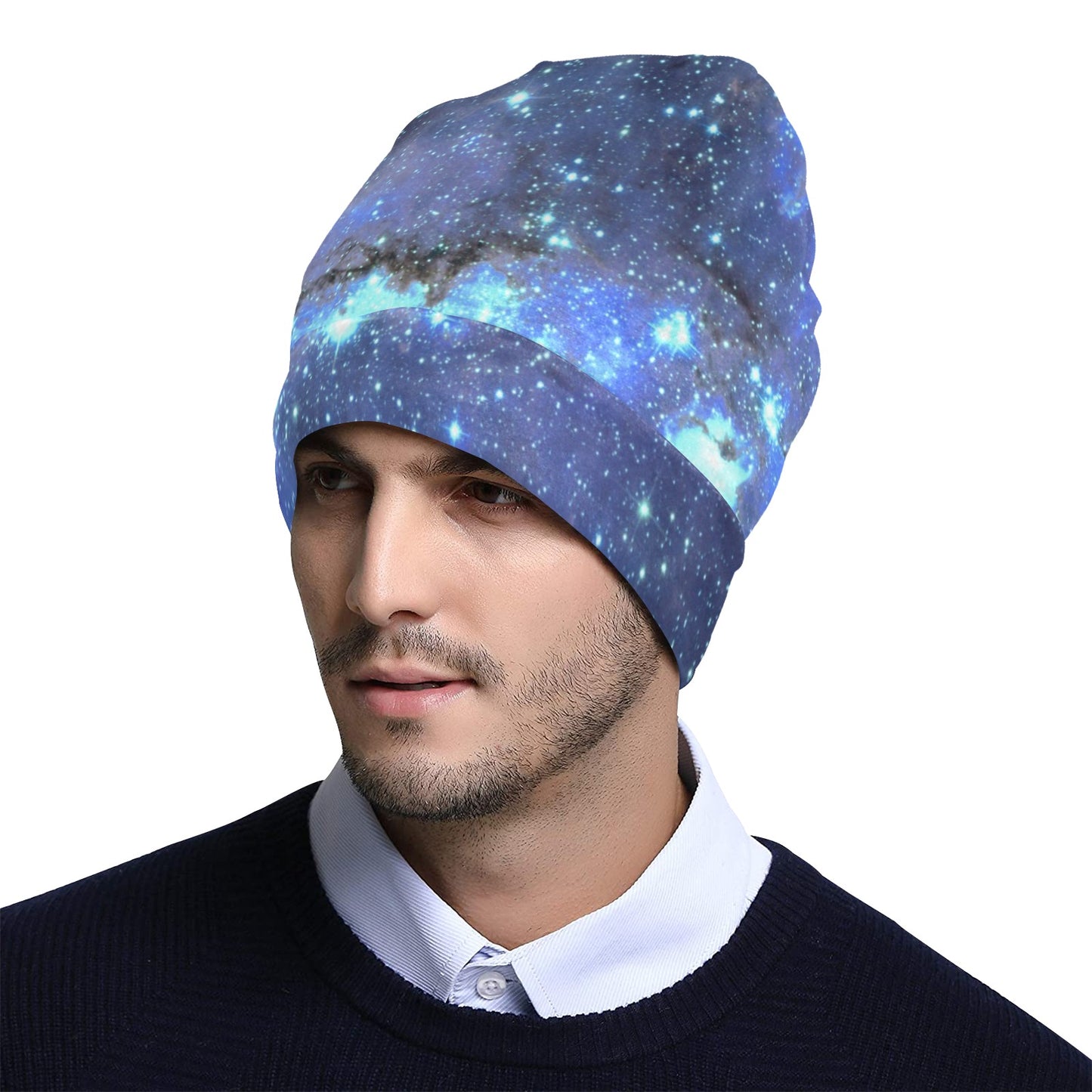 Galaxy Beanie, Blue Space Universe Stars Soft Fleece Party Men Women Cute Stretchy Winter Adult Aesthetic Designer Cap Hat Gift