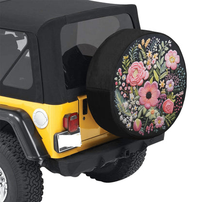 Pink Flowers Spare Tire Cover, Faux Embroidery Printed Floral Wheel Accessories Unique Design Backup Camera Hole Trailer Back Women RV Gift Starcove Fashion