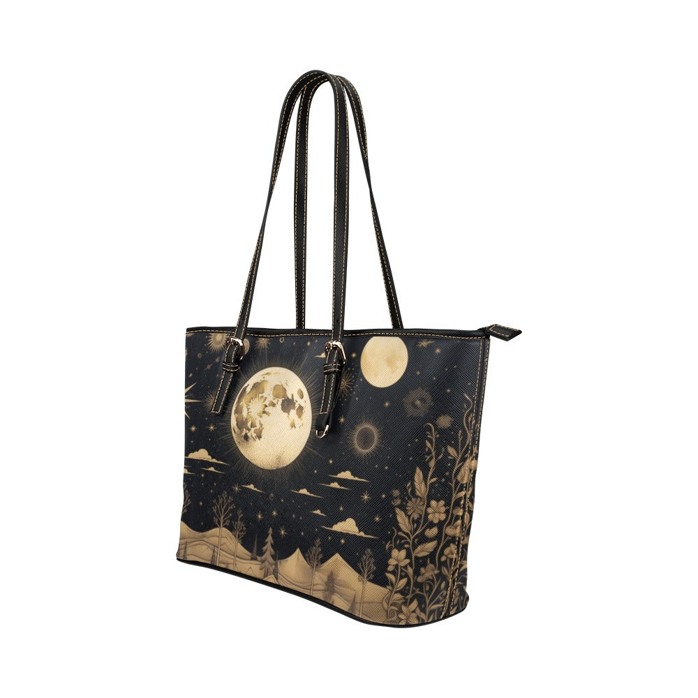 Moon Stars Sun Tote Bag Purse, Night Sky Boho Print Handbag Vegan Leather Zip on Top Designer Handmade Shoulder Small Large Bag Women Ladies