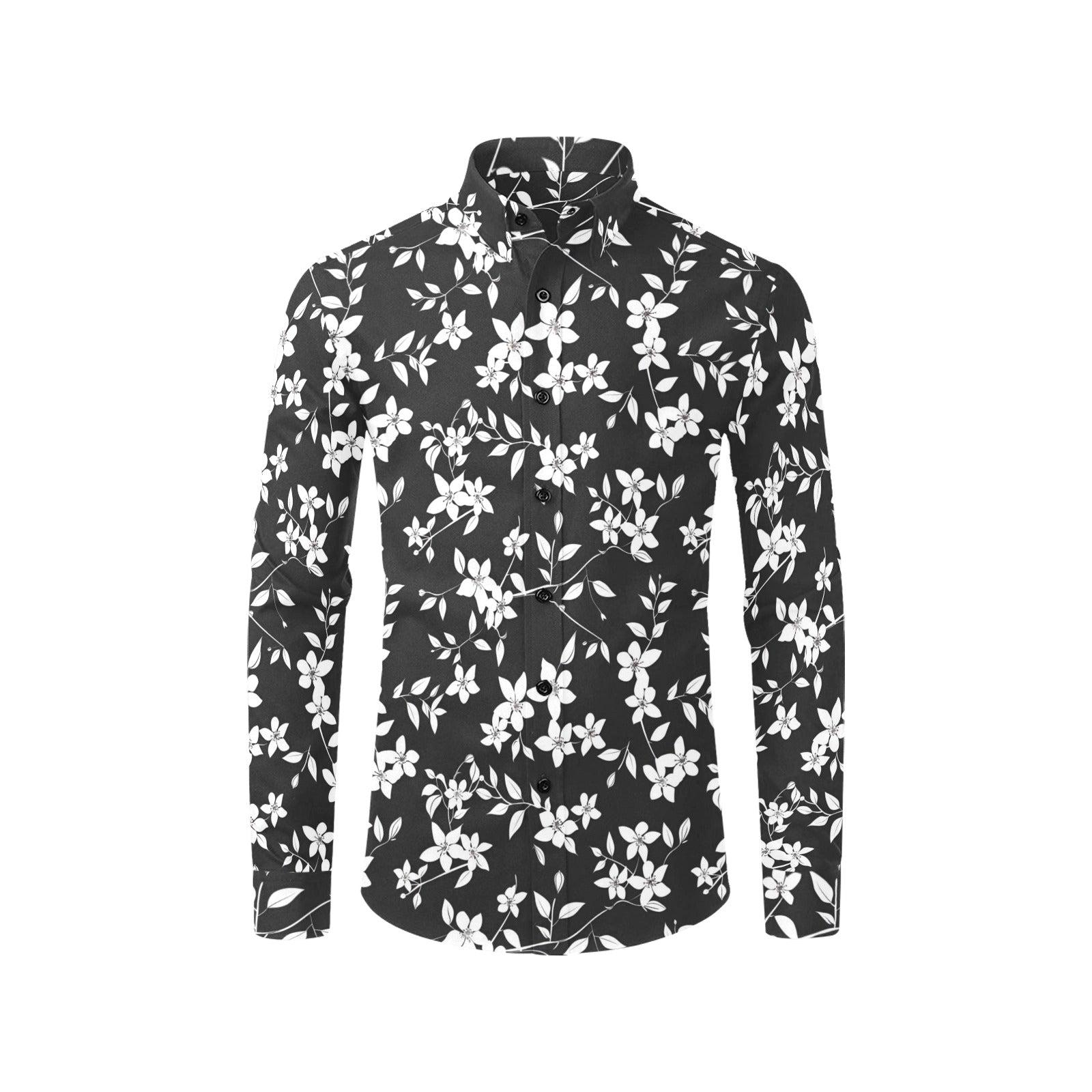 Black and White Floral Long Sleeve Men Button Up Shirt, Flowers Summer Print Dress Buttoned Collar Casual Male Guy Plus Size Shirt 2XL Black and White Floral Long Sleeve Men Button Up Shirt, Flowers Summer Print Dress Buttoned Collar Casual Male Guy Plus Size Shirt 2XL