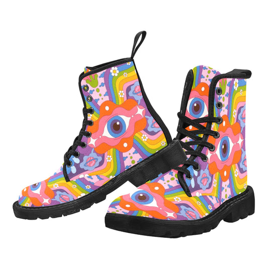 Psychedelic Eye Shoes Women's Boots, Trippy Funky 70s Groovy Colorful Boho Bohemian Vegan Canvas Lace Up Shoes Print Ankle Combat Ladies