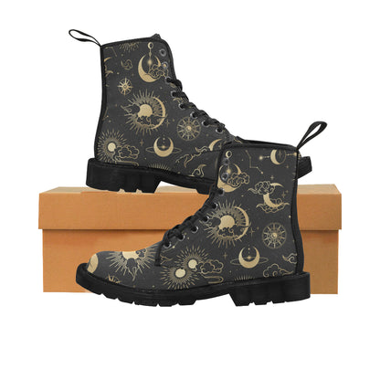 Sun Moon boots Women's Vegan Canvas Lace Up Shoes, Oriental Clouds Constellation Festival Print Black Ankle Combat, Casual Custom Gift Starcove Fashion