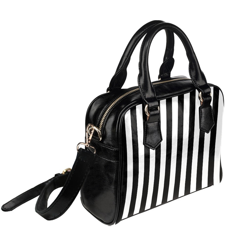 Black and White Striped Purse Handbag, Pinstripe Stripes Vertical Print Small Mini Shoulder Bag Vegan Leather Women Designer Crossbody Starcove Fashion