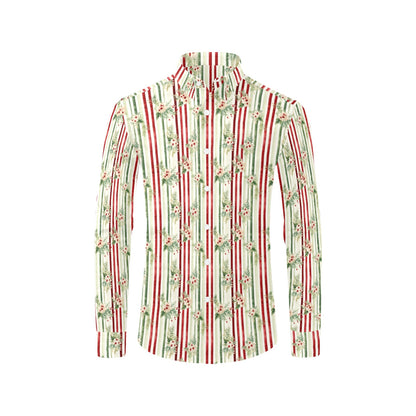Red Green Striped Long Sleeve Men Button Up Shirt, Christmas berries Xmas Holiday Print Buttoned Down Guys Male Collared Casual Dress Shirt Starcove Fashion