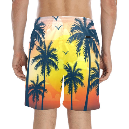 Vintage Palm Tree Men Mid Length Shorts, Tropical Beach Swim Trunks Front Back Pockets Mesh Drawstring Casual Bathing Suit Summer Designer