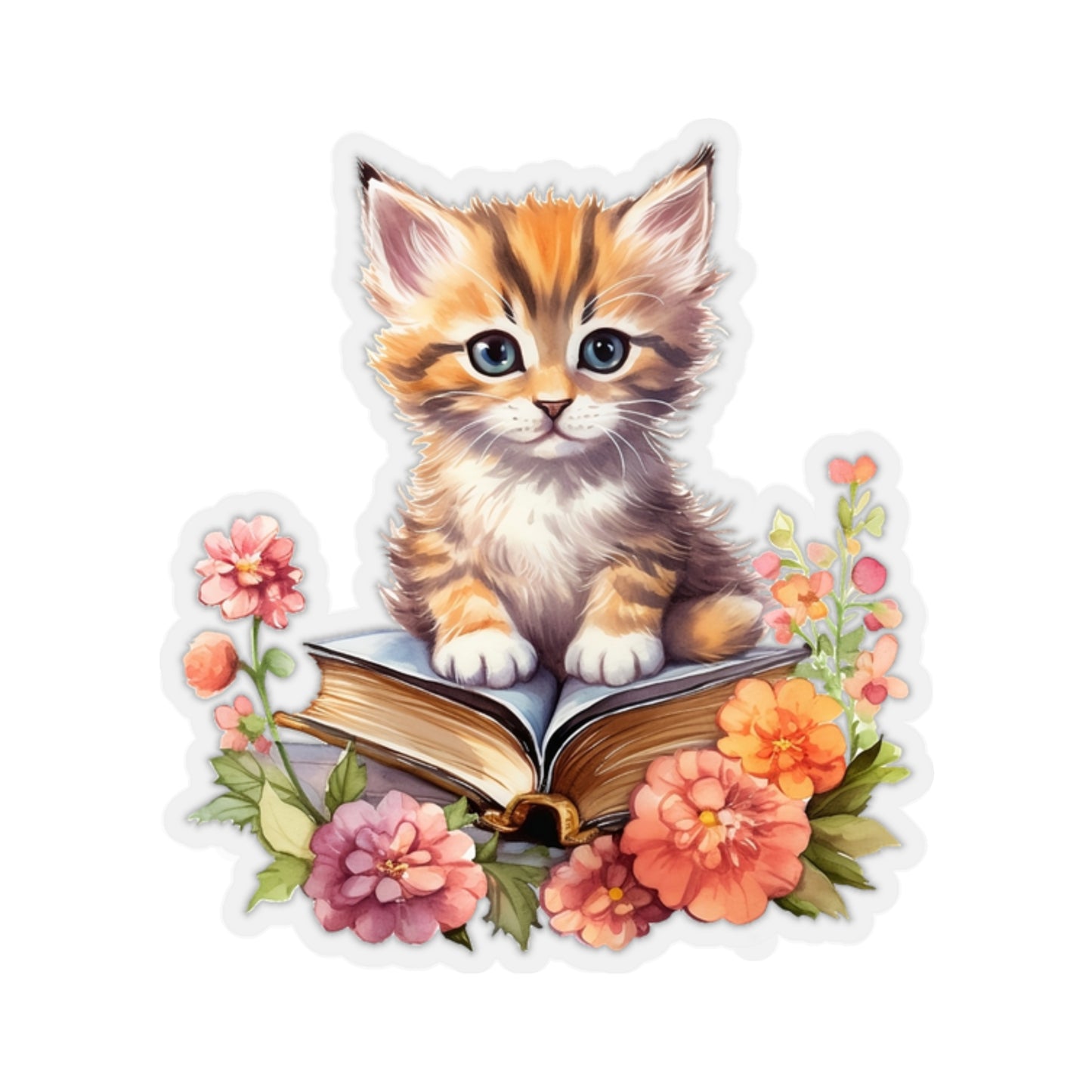 Cat on Books Sticker, Kitten Floral Flowers Reading Art Laptop Decal Vinyl Cute Waterbottle Tumbler Car Waterproof Wall Clear