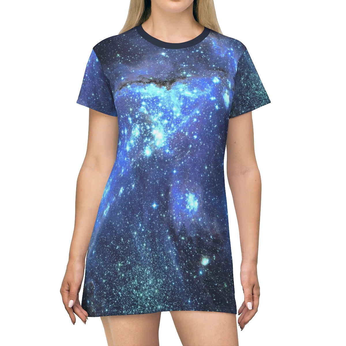 Space Galaxy T-shirt Dress, Women Blue Celestial Constellation Outer Universe Star Print Festival Night Sky Casual Summer Cover Up Tee Shirt M