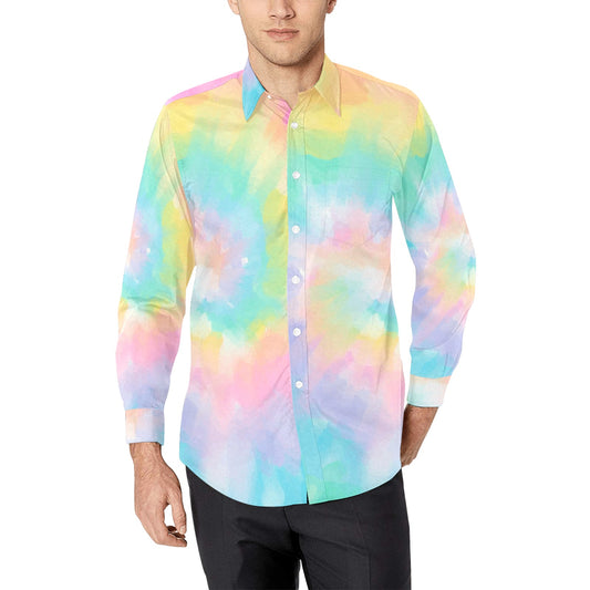 Pastel Tie Dye Long Sleeve Men Button Up Shirt, Rainbow Groovy Spiral Print Buttoned Collared Casual Dress Shirt with Chest Pocket