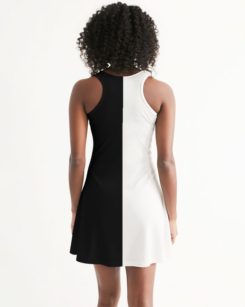 Half Black and White Women Halter Dress, Two Color Block Split 2 Tone Combo Summer Sleeveless Cocktail Mini Handmade Designer White base Color / XL Half Black and White Women Halter Dress, Two Color Block Split 2 Tone Combo Summer Sleeveless Cocktail Mini Handmade Designer White base Color / XL