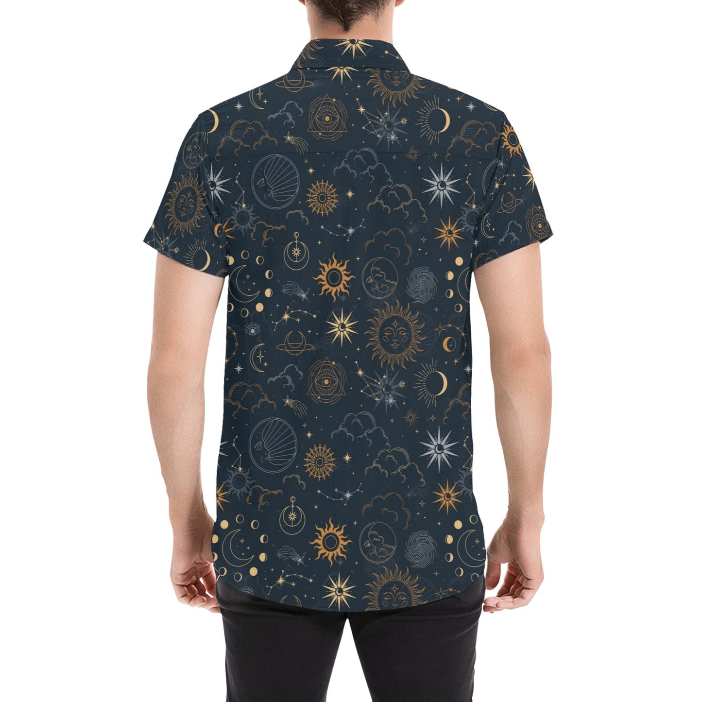 Space Short Sleeve Men Button Down Shirt, Sun Moon Constellation Universe Planet Theme Print Casual Buttoned Up Collared Dress Plus Size Starcove Fashion