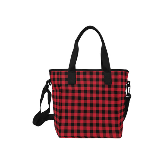 Red Buffalo Plaid Canvas Tote Bag with Shoulder Strap, Check Print Black Beach Summer Aesthetic Shopping Reusable Bag with Pockets