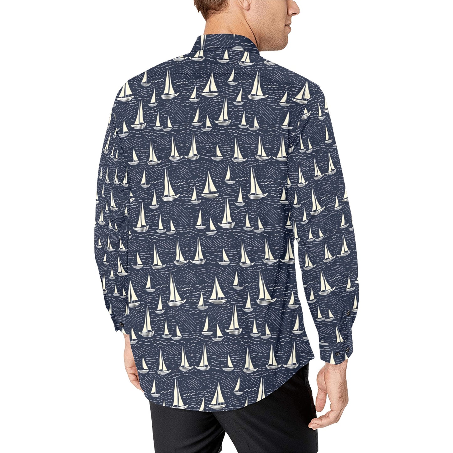 Sail Boats Men Button Up Shirt, Long Sleeve Nautical Navy Ocean Sea Blue Print Dress Buttoned Collar Casual Dress Shirt with Chest Pocket Starcove Fashion