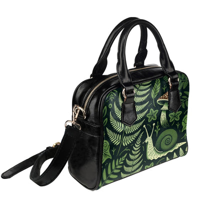 Forest Green Leather Purse, Vintage Leaves Cottagecore Plants Ferns Snail Mushroom Print Small Shoulder Women Designer Handbag Ladies Bag