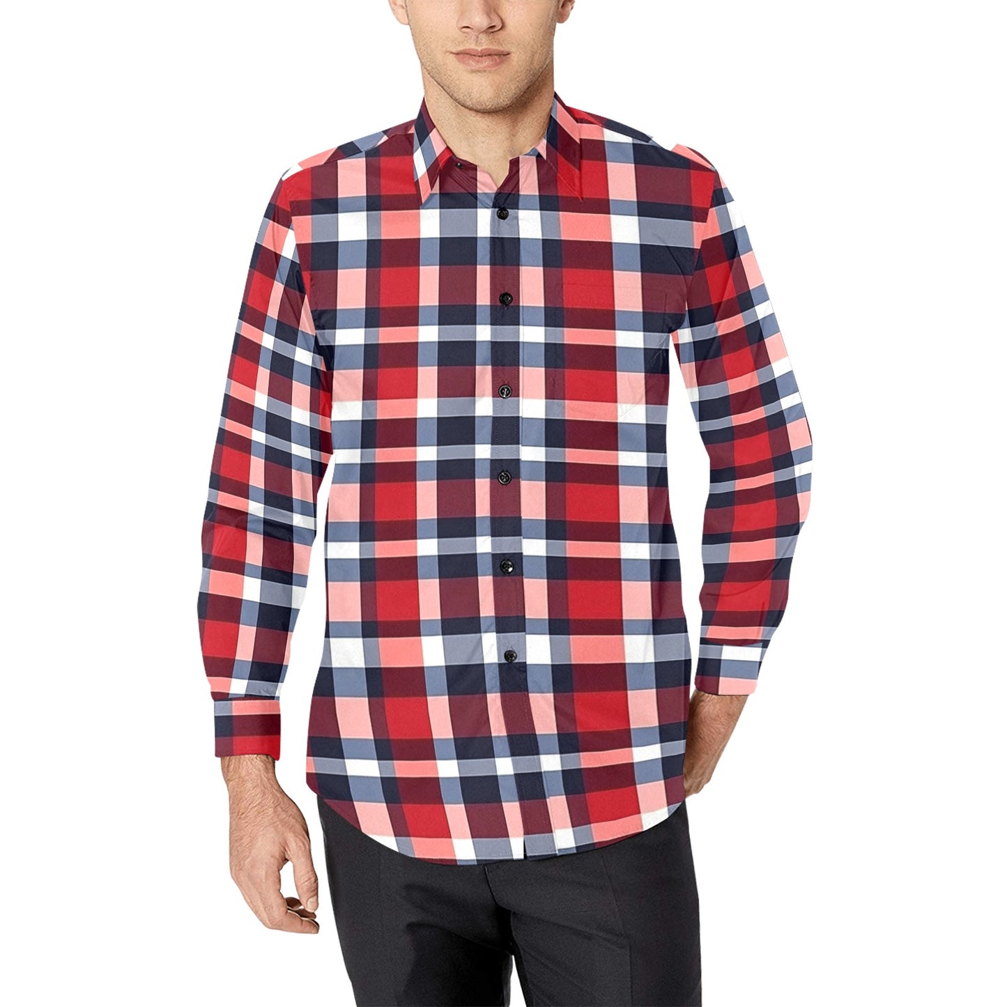 Red White Blue Plaid Long Sleeve Men Button Up Shirt, American Check T – Starcove Fashion Red White Blue Plaid Long Sleeve Men Button Up Shirt, American Check T – Starcove Fashion