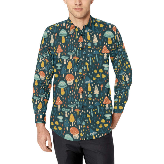 Green Mushroom Men Button Up Shirt, Long Sleeve Floral Nature Forest Cottagecore Print Casual Buttoned Collared Dress Shirt Chest Pocket