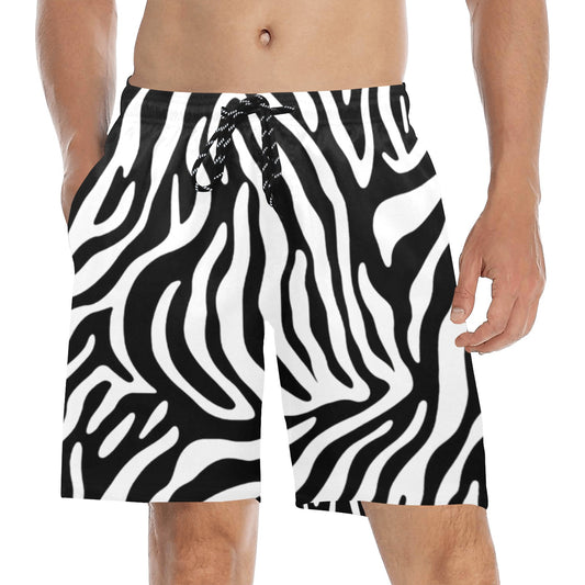 Zebra Stripes Men Swim Trunks, Animal Mid Length Shorts Beach Pockets Mesh Lining Drawstring Guys Casual Bathing Suit Plus Size Swimwear