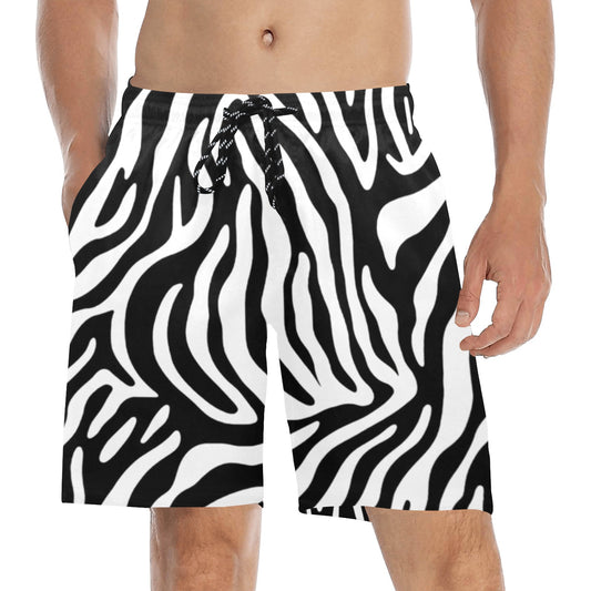 Zebra Stripes Men Swim Trunks, Animal Mid Length Shorts Beach Pockets Mesh Lining Drawstring Guys Casual Bathing Suit Plus Size Swimwear - Starcove Fashion