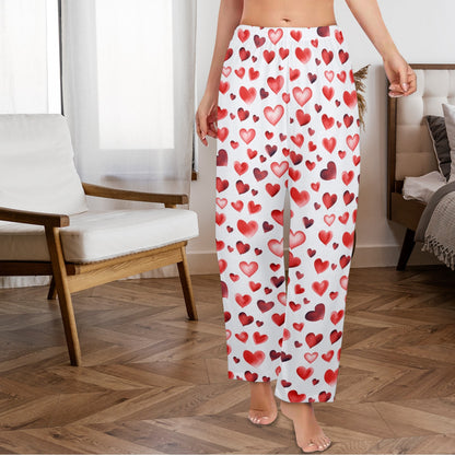 Pink Red Hearts Women Pajamas Pants, Valentines Day Satin PJ Funny Pockets Trousers Sleep Couples Matching Ladies Female Trousers Bottoms