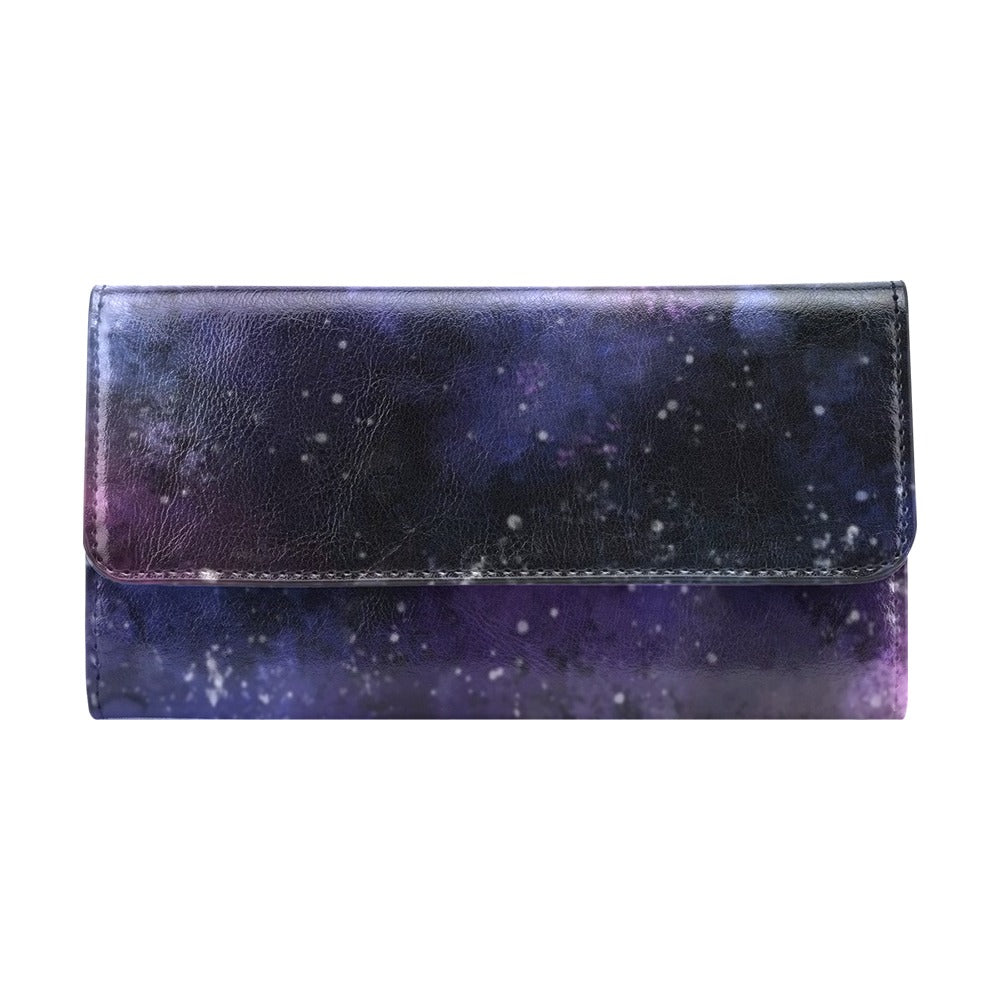 Galaxy Stars Women Trifold Wallet, Purple Universe Space Faux Leather Three Fold Long Clutch Credit Cards Large Pockets Ladies Designer