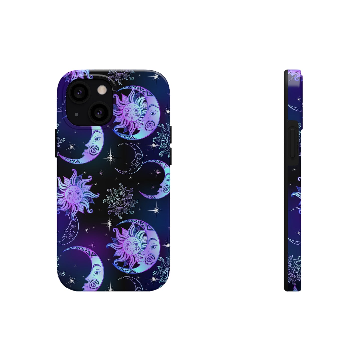 Sun Moon Stars Tough Phone Case, Celestial Purple iPhone 14 13 Pro Max 12 11 X XR XS SE 7 8 Plus Cell Cover Cool Aesthetic