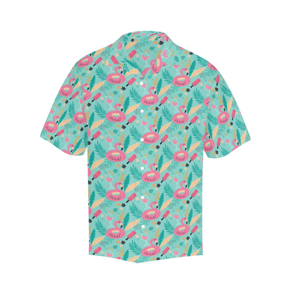 Flamingo Men Hawaiian shirt, Tropical Green Print Vintage Retro Summer Hawaii Aloha Beach Plus Size Cool Leaves Button Down Shirt