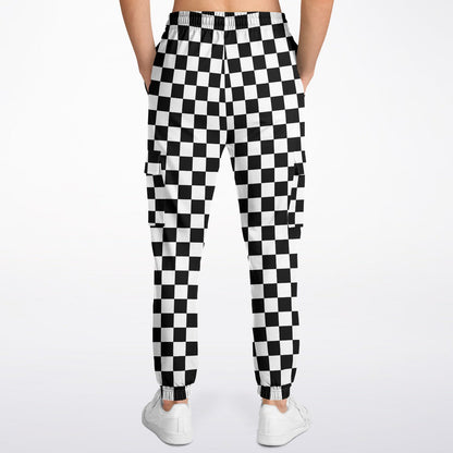 Checkered Cargo Pants with Flap Pockets, Black White Check Women Men Fleece Joggers Sweatpants Cotton Sweats Streetwear Starcove Fashion