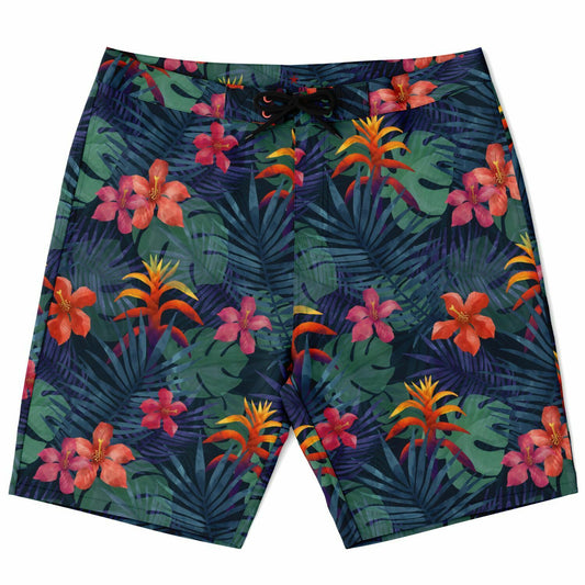 Tropical Men Board Shorts, Jungle Flowers Green Mid Length Blue Beach Surf Swim with Pockets & Mesh Drawstring Casual Bathing Suit Starcove Fashion