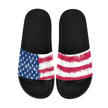 Patriotic Women Slides Sandals, American Flag Shoes Red White Blue Stars Stripes USA 4th of July Flip Flops Slip On Vegan Slippers Starcove Fashion