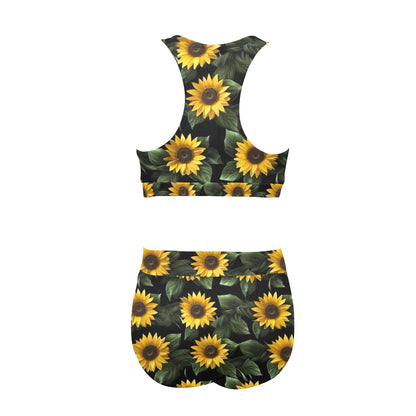 Sunflower Bikini Sports Bikini Set, Yellow Flowers Floral High Waisted Cheeky Bottom Crop Halter Top Sexy Swimsuits Women Padded Swimwear