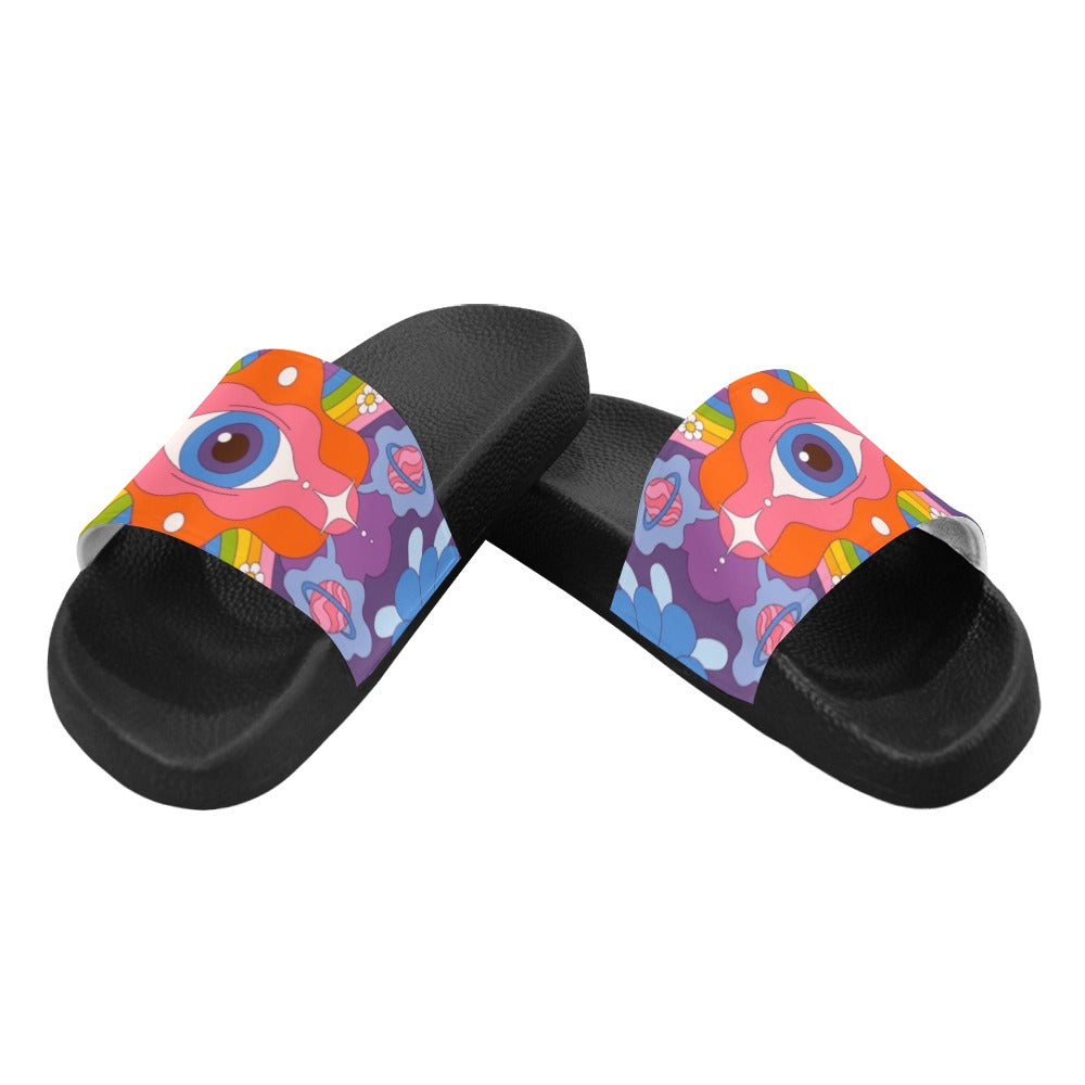Psychedelic Women Slide Sandals, Funky Eye Trippy Groovy Party Shoe Festival Designer Wedge Slippers Flip Flops Slip On