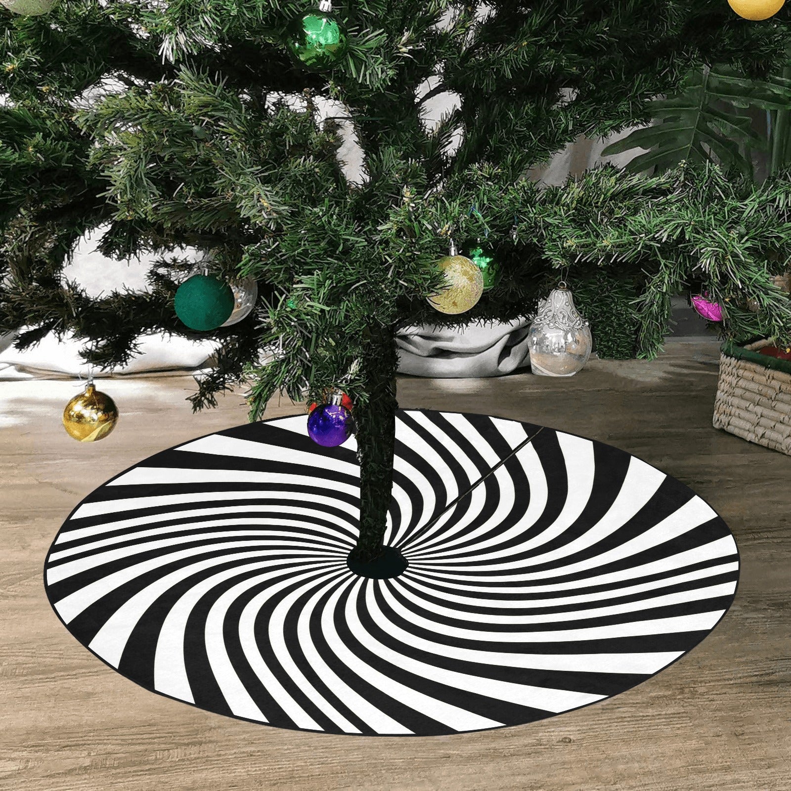 Halloween Tree Skirt, Black White Spiral Christmas Small Large Cover Goth Home Decor Decoration All Hallows Eve Creepy Spooky Party Starcove Fashion