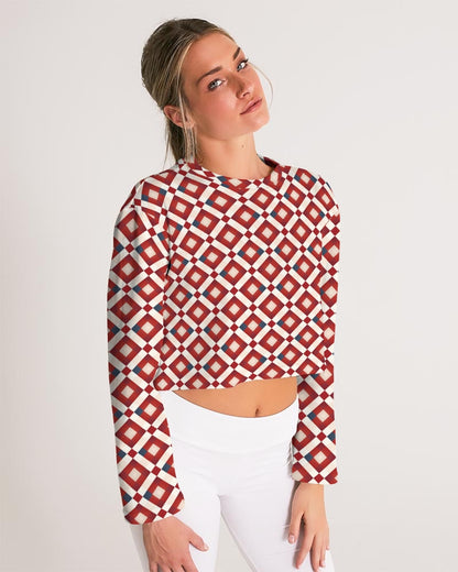 Red White Checkered Women Cropped Sweatshirt, Geometric Check Ladies Graphic Crewneck Crop Sweater Jumper Pullover Aesthetic Top