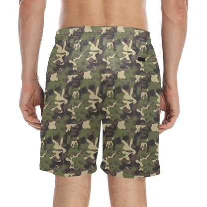 Camo Men Swim Trunks, Mid Length Shorts Green Camouflage Beach Pockets Mesh Lining Drawstring Bathing Suit Plus Size Swimwear Designer
