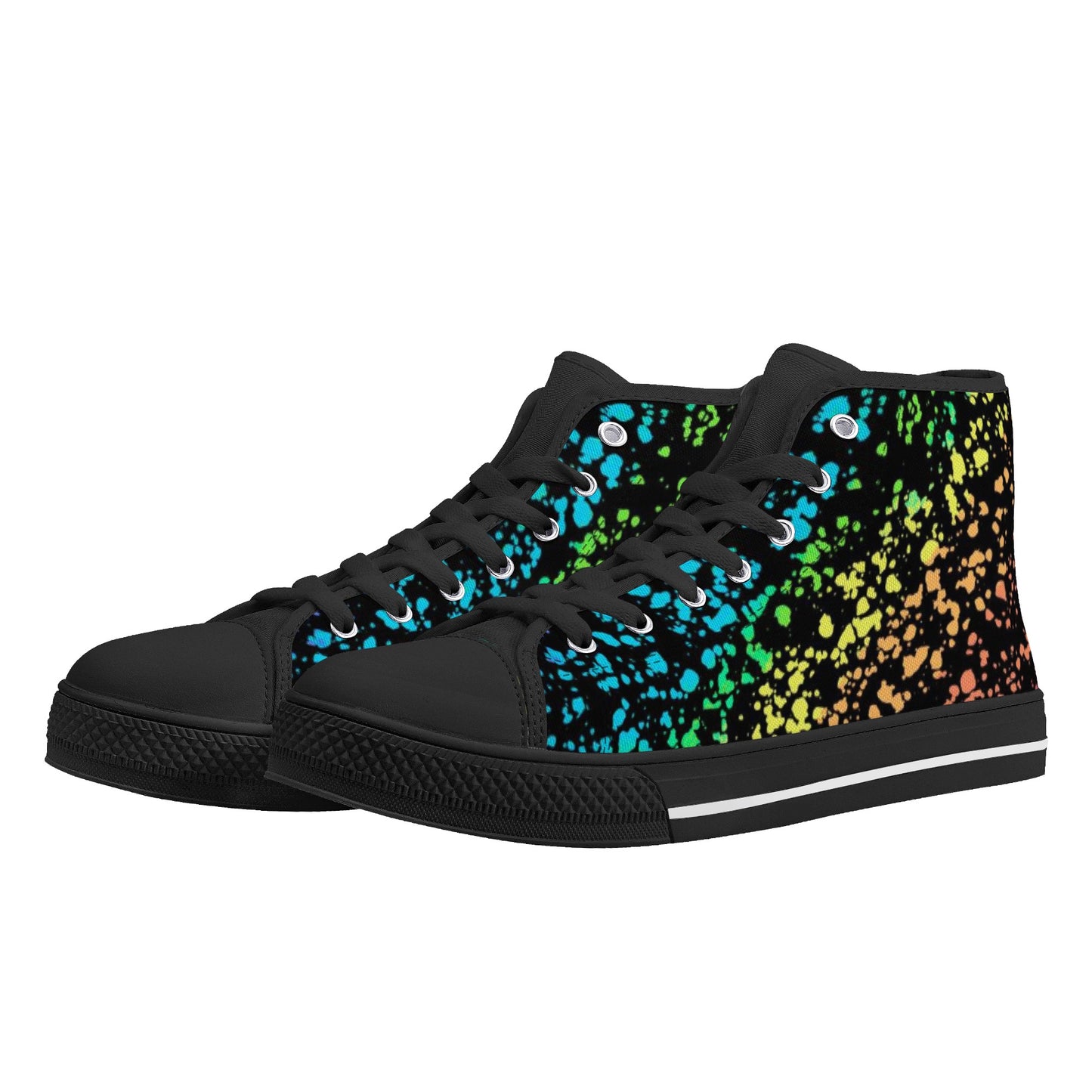 Rainbow Paint Spattered Men High Top Shoes, Lace Up Sneakers Black White Footwear Rave Canvas Streetwear Designer Gift Idea Starcove Fashion