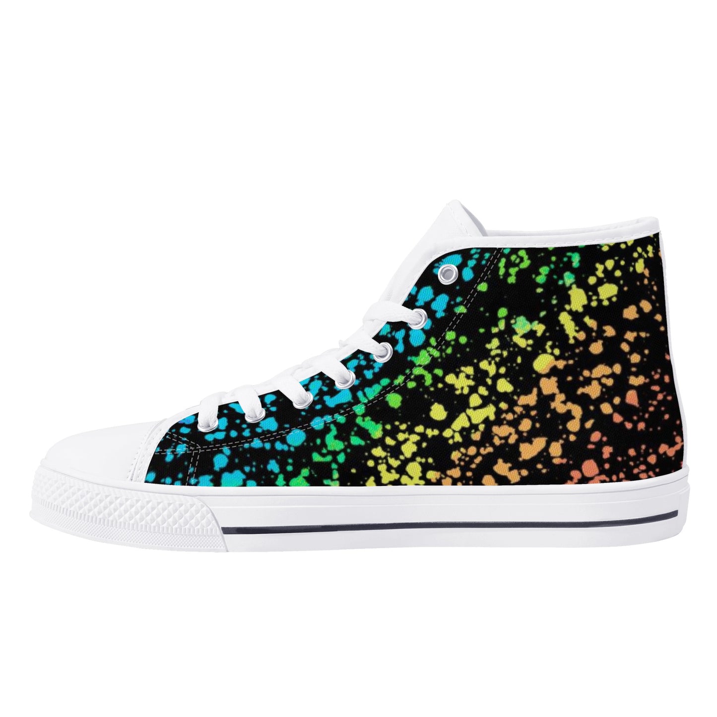 Rainbow Paint Spattered Men High Top Shoes, Lace Up Sneakers Black White Footwear Rave Canvas Streetwear Designer Gift Idea Starcove Fashion