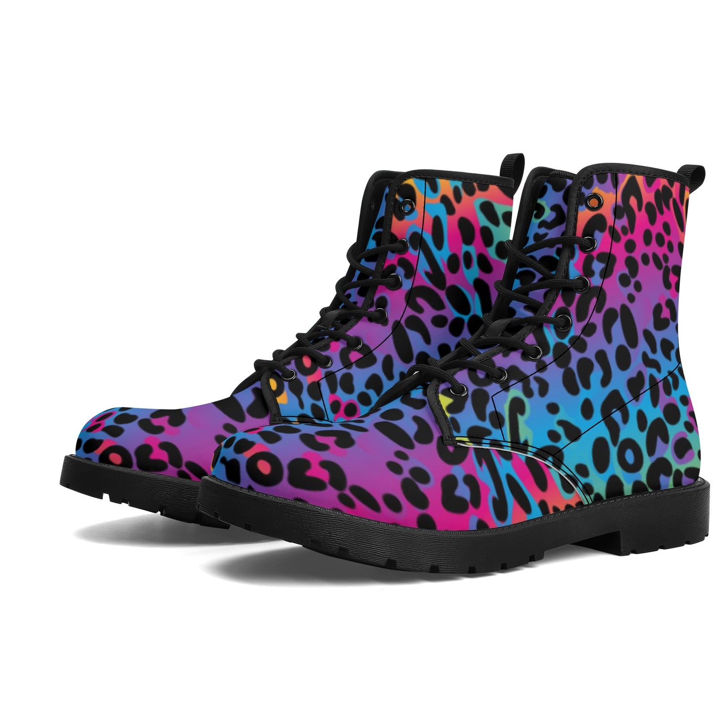 Rainbow Leopard Women's Leather Combat Boots, Animal Print Lace Up Shoes Hiking Festival Black Ankle Work Winter Casual Custom Gift Starcove Fashion