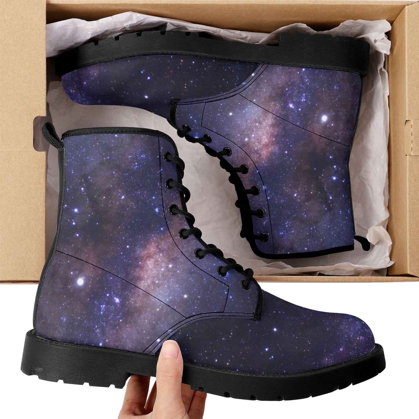 Galaxy Women Leather Boots, Outer Space Lace Up Shoes Hiking Festival Black Ankle Combat Vegan Winter Casual Custom Gift Starcove Fashion