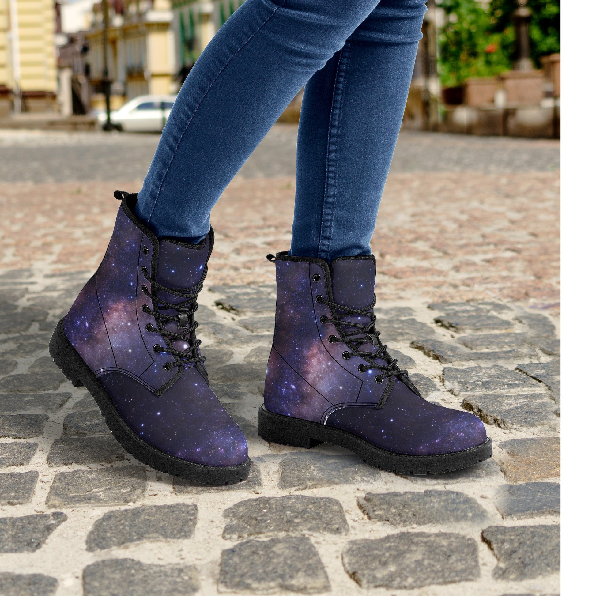 Galaxy Women Leather Boots, Outer Space Lace Up Shoes Hiking Festival Black Ankle Combat Vegan Winter Casual Custom Gift Starcove Fashion