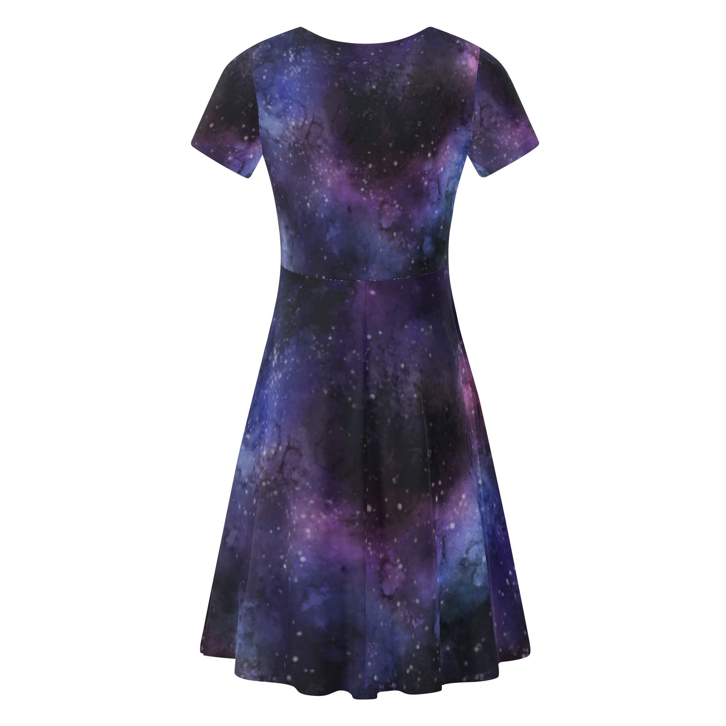 Galaxy Women's Short Sleeve Ruffle Midi Dress, Universe Outer Space Celestial Stars Print Evening Cocktail Party Cute Handmade Sexy Dress Starcove Fashion