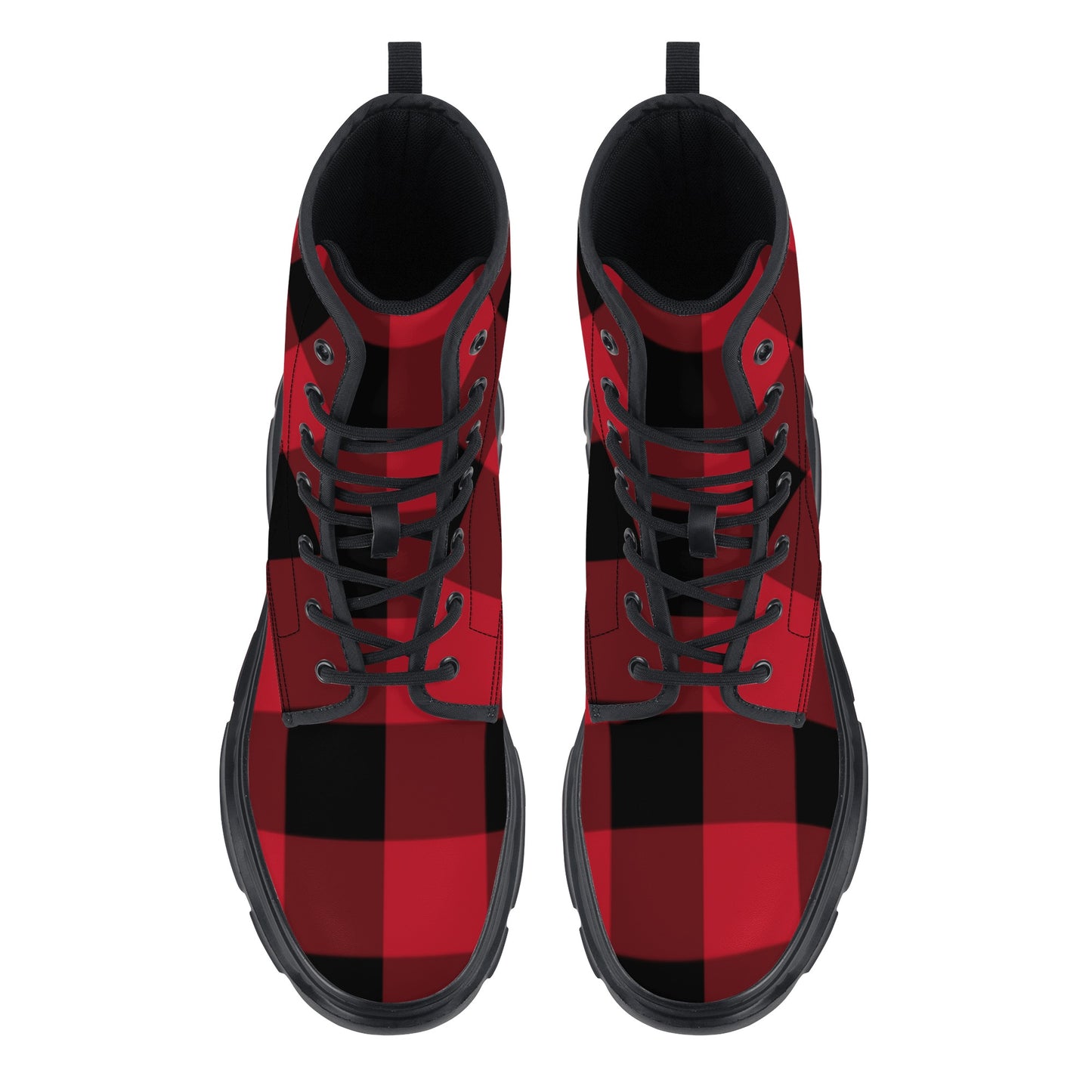Red and Black Buffalo Plaid Men Leather Chunky Boots, Check Lace Up Shoes Hiking Festival Vegan Ankle Combat Work Winter Custom Starcove Fashion