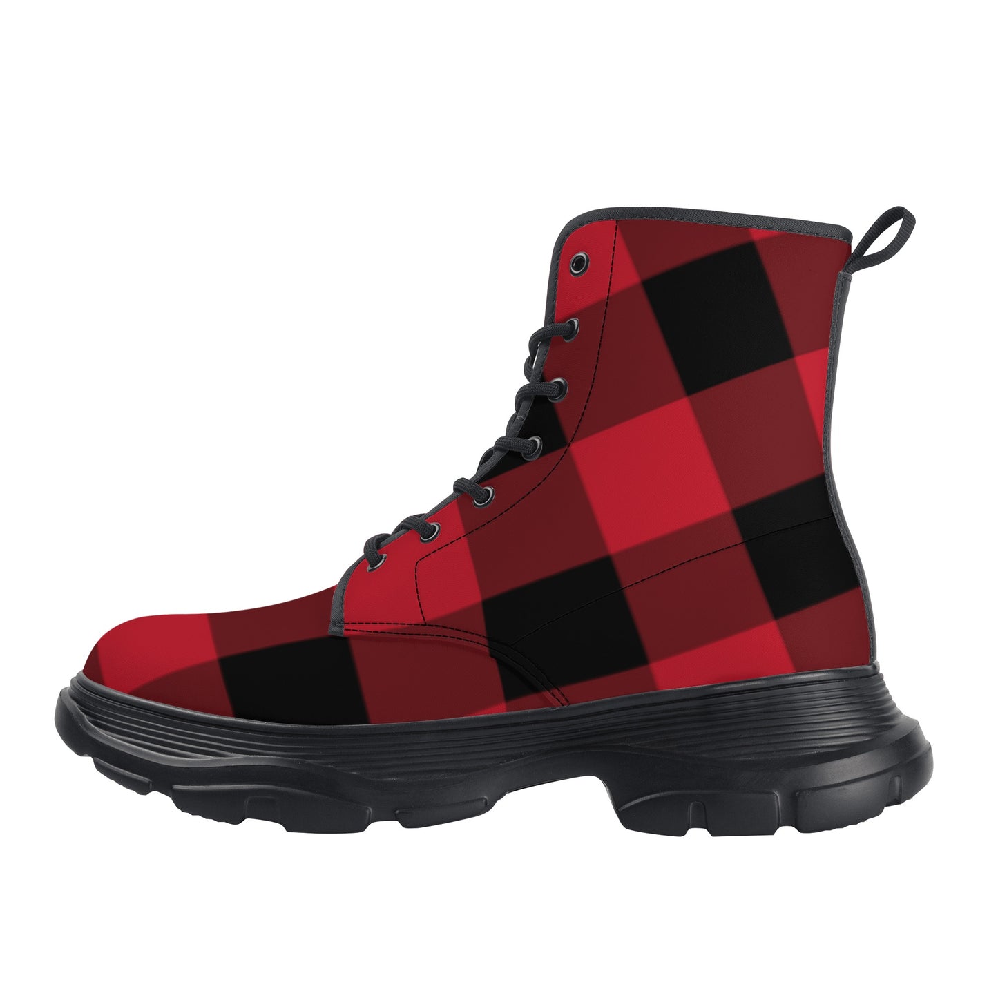 Red and Black Buffalo Plaid Men Leather Chunky Boots, Check Lace Up Shoes Hiking Festival Vegan Ankle Combat Work Winter Custom Starcove Fashion